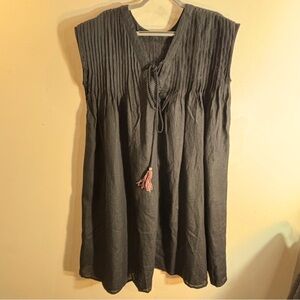 EMBELLISH Sz XL Pleated Yoke Sleeveless Mini Dress Tassels 100% Linen
